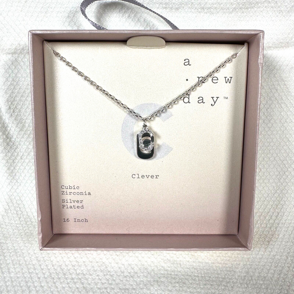 A New Day Silver Plated Letter C Clever Necklace Cubic Zirconia 16 inch New